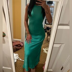 Green silky satin dress